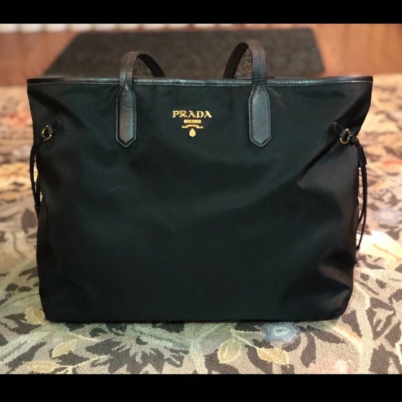 prada nylon tote bag with leather trim